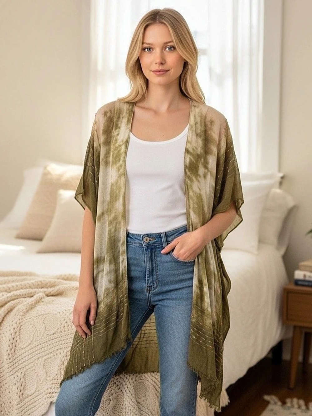 Tie-Dye Fringe Kimono in Green & Pink Women’s OS
